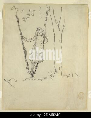 Girl Standing on a Swing, Winslow Homer, American, 1836–1910, Graphite on paper, Vertical view of a girl standing in a swing and leaning against the rope on her left side., USA, 1879, figures, Drawing Stock Photo