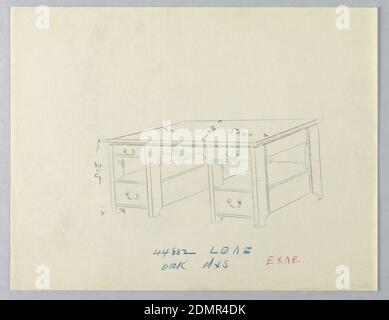 Drawing, Design for Library Table ‘A‘ with Open Shelves Between Drawers ...