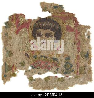Fragment, Medium: wool embroidery on linen ground Technique: embroidered on plain weave, Bust of a female figure with dark hair and large dark eyes, a laurel wreath on the head, a halo, and wings, with a flower basket held under her chin. A single lily fills the corner above each wing. In dark blue, dark brown, greens, golden yellow, pink, and beige wool chain stitches on undyed linen plain weave, skillfully seamed. Eye whites embroidered in linen. A few details in varied surface stitches., Egypt, 4th century, embroidery & stitching, Fragment Stock Photo