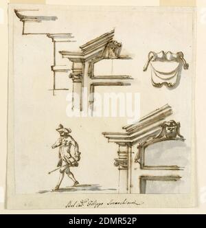 Architectural Details and Figure Study, Filippo Marchionni, Italian, 1732–1805, Pen and ink, brush and gray watercolor on laid paper, Top row: left corner of an entablature. Left upper side of a door case; a console. An oblong hexagonal window is suggested over the door frame. Above it is a console with a mask. Entablature on top is angularly broken; supported at the corner by a column. Bottom row: man with a walking stick facing left; variation of the door case design., Italy, 1760–75, architecture, Drawing Stock Photo