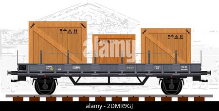 Railway cargo transport wagon with some transport wooden crates. Detailed vector illustration. Stock Vector