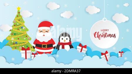 Merry Christmas Background Vector Illustration with Santa Claus, Penguin, Christmas Tree and Gifts. Winter Wonder Land Background. Stock Vector