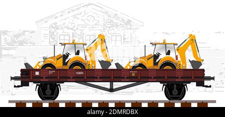 Railway cargo transport wagon with transported tractors. Detailed vector illustration. Stock Vector