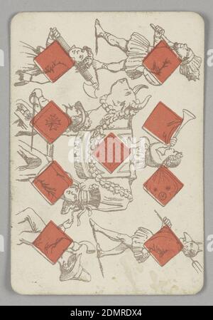 Nine of Diamonds, E. Le Tellier, French, active late 19th century, B.P. Grimaud, Paris, France, Lithograph on paper, Nine of Diamonds playing card from a pack of transformation playing cards. Vertically, a figural scene in outline depicting a parade of various figures. At left, a row of people: a woman carrying an ax, a male figure with sword, a gentleman in a flowered hat, and a masked figure blowing a horn. At right, a figure dressed as a sea king, a child blowing a trumpet riding a costumed bull, and a male dressed as a devil with a fake nose and pitchfork. Stock Photo