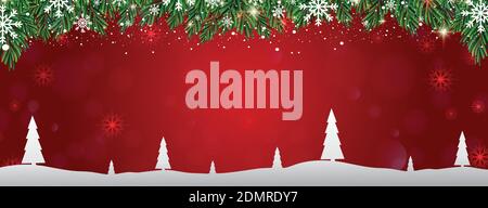 Christmas banner vector illustration. Red background. Merry Christmas vector. Christmas banner with snow. Winter wonderland. Stock Vector