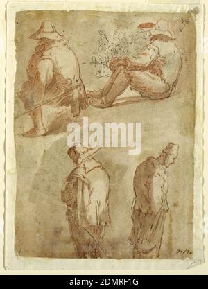 Figural Studies of Five Men, Domenico Gargiulo, called Micco Spadaro, Italian, 1609 - 1675, Red chalk, pen and ink, brush and watercolor on paper, At top, two men in hats seated on the ground, facing left. Behind them, in ink, an equestrian figure. Below, two standing figures. The one at right wears a conical hat and has hands in his pockets., Italy, 1625–1650, figures, Drawing Stock Photo