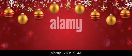 Christmas vector illustration with snowflakes and sparkles on red gradient background. Christmas banner with empty space. Stock Vector