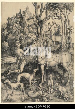 St. Eustace, Albrecht Dürer, German, 1471–1528, Engraving on off-white laid paper, In a wooded landscape St. Eustace, with horse and hounds, is seen in right profile kneeling in attitude. of devotion. In the right middle distance appears the stag with the crucifix protruding from the horns. on a simulated parchment sheet, bottom center, is the monogram 'A D', Nuremberg, Germany, ca. 1501, figures, Print Stock Photo