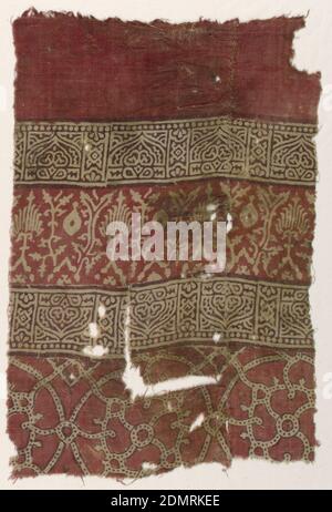 Fragment, Medium: cotton Technique: resist-printed on plain weave, Design in brown and red on undyed fine cotton plain cloth., In horizontal bands:, 1. Upper plain red, 2. Rectangles containing geometric ornament, 3. Stylized floral forms, 4. Repeat of rectangles containing geometric ornament, 5. Interlacing dotted bands on the bottom, India, probably 15th century, printed, dyed & painted textiles, Fragment Stock Photo