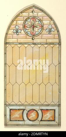 Stained glass window, John C. Wolf, Brush and watercolor, white gouache, pen and black ink, graphite on illustration board, Pointed arch stained glass window with geometric lead pane in soft yellow; lunette containing circular medallion with pink flower on blue; small blue plants on either side; below tripartite orange shapes framed in green., USA, 1890–1900, glasswares, Drawing Stock Photo