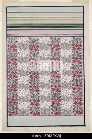 Wallpaper Design, Brush and gouache, graphite on white paper, A dado is shown at the bottom, and an entablature on top. Vertical staggered candelabra repeating a single plant motif, beneath; garlands decorate the panel., Austria, 1840–60, wallpaper designs, Drawing Stock Photo