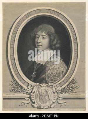 Portrait of Cardinal Emmanuel-Théodore de la Tour-d'Auvergne, duc d'Abret (1644-1715), Antoine Masson, Nicholas Mignard, French, 1606 - 1668, Engraving on paper, Bust length portrait, turned toward the left, the head shown in three-quarter view, looking out at the spectator. Enclosed in oval frame. Coat of arms in escutcheon below. At lower left: 'N. Mignard pinxit.' At lower right: 'Ant. Masson sculpebat 1665.' Inscribed in frame: 'EMMANVEL THEODOSIVS DE LA TOUR DAVVERGNE DVX DALBRET..', France, 1665, Print Stock Photo