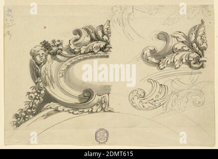 Project for Decorative Escutcheon, Flaminio Innocenzi Minozzi, Italian, 1735 – 1817, Pen and ink, brush and grey water color on paper, At left: left half of an escutcheon on top of an arch, a cherub peeks from behind a scrollwork frame, a garland emerges from behind him. At right: left half of a palmette of acanthus beside a scroll. Above the latter: sketch for part of the escutcheon at left, sketch of acanthus leaves. Below: an unfinished design similar to the on above it. Pen scribbles above at left., Italy, 1760–80, architecture, Drawing Stock Photo