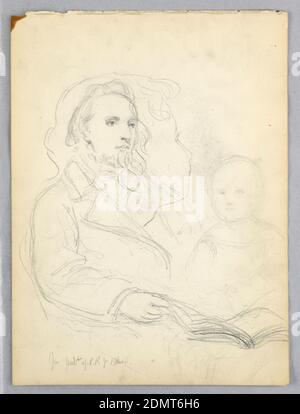 Sketches for 'Lesson of Charity' and portrait of Peter Richards, Jr., Daniel Huntington, American, 1816–1906, Graphite on cream paper, Man seated in an armchair, turned toward the right, an open book in his right hand. Bust of a child facing frontally, right, and a head of a child (see verso) superimposed. Center, name of man, lower left. Verso: Head of a child: 'Charlie: for 'Lesson of Charity,' facing away, left. Name and date on lower right., USA, 1849, figures, Drawing Stock Photo