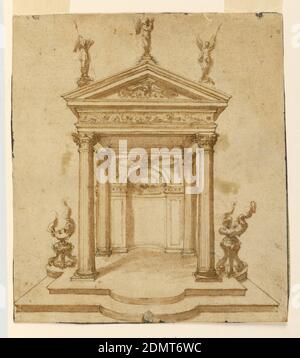 Design for a Decorative Aedicula, Pen and ink, brush and sepia wash, graphite on laid paper, Vertical rectangle. Design for a shrine standing upon a two-stepped base, with roof supported by four columns, those behind connected by a wall with a niche. At top of niche is a winged child's head in the center of drapery festoons. The frieze has a rinceaux ornament. Upon the triangular pediment stand three figural statues with wings. The central parts of the upper step are protruding as half-circles; flanking them are tripods containing flames, at right and at left with alternative design Stock Photo