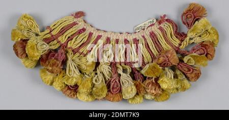 Fringe, Medium: silk Technique: plain weave, Yellow, brown and red fringe with a heading and skirt threads tied in loops; every fourth supporting a tassel with wired ornaments., Spain, 18th century, trimmings, Fringe Stock Photo