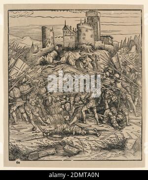 The Battle at Nauders, from 'Der Weisskunig', Hans Burgkmair the Elder, German, 1473–1531, Woodcut on laid paper, Two opposing forces battling fiercely in the foreground. A fortified castle in the distance. Initials 'H.B.' in oval at lower center. 'No. 60[?],' in margin, lower left. Possibly an illustration for Maximilian I's 'Der Weiss Kunig' (written 1505–16; published ca. 1775). Illustrations created by Hans Burgkmair and Leonhard Beck between 1514–16., Germany, 1775, Print Stock Photo