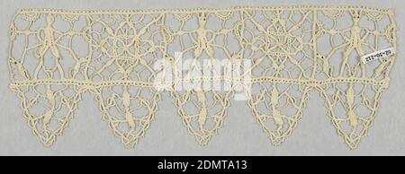 Border, Medium: linen Technique: grid of laid cords with needle lace (reticella style), edge of punto in aria, Border with geometric pattern of squares showing alternating human shapes and star motif. Edged with triangular pendants., Italy, 16th century, lace, Border Stock Photo