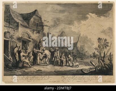 The Dance In Front of An Inn, Jan de Visscher, Dutch, 1633 - 1692, Adriaen van Ostade, Netherlandish, 1610 – 1685, Engraving on paper, In front of an old house, at left, a couple are dancing. A musician who plays a clarinet, stands behind them. Several onlookers surround them in semi-circle. Houses in background with a group of peasants standing in front of one of them. Inscribed, lower margin: 'Nu is't de reghte tydt... kekmisis'; lower left: 'Joan de Vischer fecit'; lower center: 'Ad. van Ostade pinxit'; lower right: 'Nicolaus Visscher execudit'., Netherlands, ca. 1670, Print Stock Photo