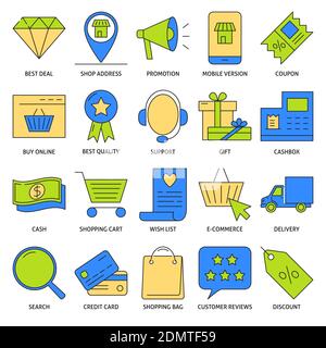 Online shopping icon set in colored line style. Internet commerce symbols collection. Vector illustration. Stock Vector