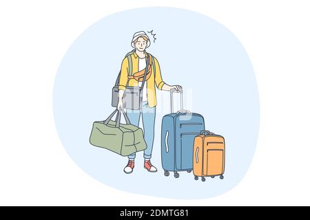 Travelling with luggage, vacations and journey with suitcase concept. Young man traveller tourist standing with luggage and waiting for flight in airp Stock Vector