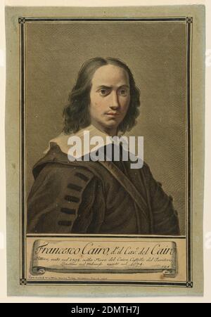 Francesco Cairo, do. il. Cav. del Cairo, Engraved. Black ink with watercolor additions., Vertical rectangle. Bust length portrait of a man wearing a large white collar, turned one quarter right. Below, inscription giving the sitter's names and dates. within scroll, lower right: 124., Italy, ca. 1700, Print Stock Photo