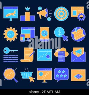 Search engine optimization icon set in colored line style. Digital marketing and web development icons collection. Vector illustration. Stock Vector