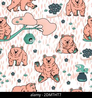 Cute pink bear that walks and sits, honey, forget me nots, beehive, smell of honey, tree, branch, bees. Repeat seamless pattern, white background Stock Vector