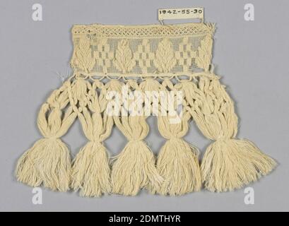 Fringe, Medium: cotton, Header of gauze with leaf and lozenge shapes. Loops underneath support groups of interlaced threads that terminate in large tassels., India, 19th century, trimmings, Fringe Stock Photo