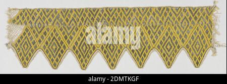 Fragment, Medium: silk, cotton, linen, metallic thread Technique: bobbin lace (?) probably machine, Allover design of small diamonds within diamonds with triangular scallops. Scaled and with wide slits in silver on a yellow silk ground., 19th century, trimmings, Fragment Stock Photo