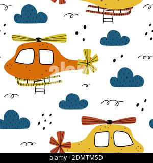 Helicopter seamless pattern with clouds and abstract elements around. Childish hand drawn Scandinavian style vector illustration. Stock Vector
