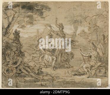 Design for a Tapestry: Allegory of Africa, Gérard Audran, Flemish, active in France, 1640–1703, Brush and brown ink, black wash, white gouache,over black chalk on laid paper. Framing lines in pen and black ink., A central group of women are flanked at left by a river god and at right by three figures. The Queen of Africa, crowned with ostrich feathers is shown seated holding a mace. At her right stands a woman who carries a sheaf of grain with her left arm and holds aloft a feather or offering with her raised right hand. She wears the head of an elephant as a headdress Stock Photo