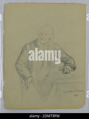 Study for a Portrait of Albert Gallatin, Seated, Daniel Huntington, American, 1816–1906, Graphite on gray-green wove paper, with white heightening on verso, Man with head turned to the left, seated at a table, with his arm resting on papers. Verso: Study of a woman's right hand., Minnewaska, New York, USA, USA, 1899, portraits, Drawing Stock Photo