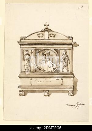 Project for an Epitaph in High Relief, Vincenzo Gajassi, Italian, 1801 - 1861, Pen and brown ink, brush and brown wash on off-white wove paper, Renaissance style aedicule with central portrait medallion of a man flanked by saints., Italy, ca. 1840, architecture, Drawing Stock Photo