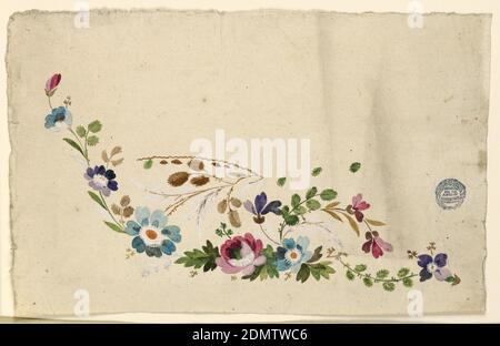 Unfinished Design for a Waistcoat, Various gouaches on paper, Unfinished design for the embroidery of the left bottom corner of a man's waistcoat. Irregular flower rinceau, rising at left. A row of small leaves and a bough motif are intended to be beneath the pocket, which is not shown., France, before 1906, Drawing Stock Photo