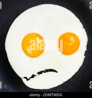 fried eggs on black plate close up. Fried eggs like the angry face Stock Photo