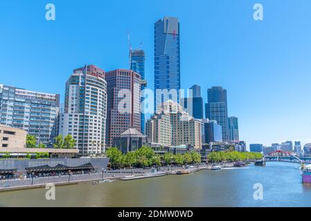 MELBOURNE, AUSTRALIA, DECEMBER 31, 2019: Cityscape of Melbourne behind Yarra river, Australia Stock Photo