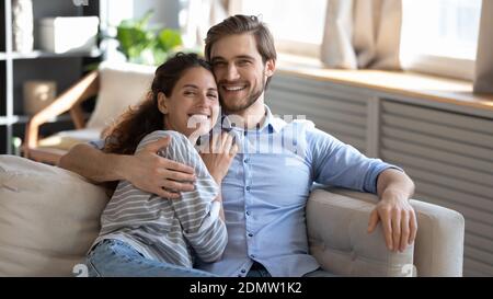 Banner view of happy couple relax in cozy home Stock Photo