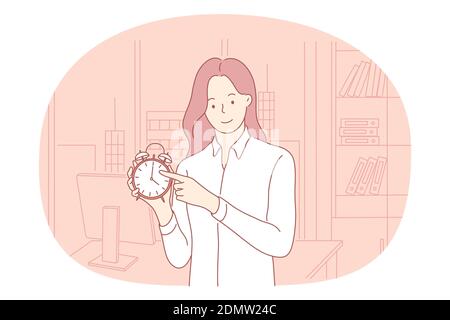 Time management, deadline, punctuality concept. Young smiling woman office worker standing and pointing on alarm clock meaning punctuality and being o Stock Vector