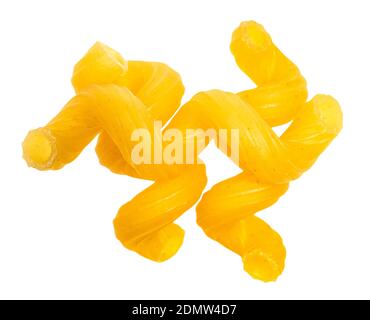 three dried Cavatappi (variety of italian short pasta) close up isolated on white background Stock Photo