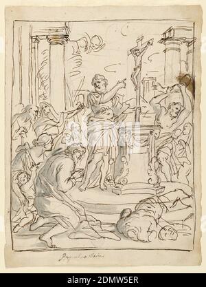 Sketches for paintings. Obverse: A Roman officer holds a crucifix upon a heathen altar. Reverse: Christ rising, Pasqualino Marini, Black crayon; Obverse: with pen ink, black watercolor wash on paper, Obverse: A bearded Roman soldier points at the crucifix he holds with his left hand on an altar. People in adoration are shown at left. A man smashes an idol at right. Framing lines. Reverse: A slight horizontal sketch and the left edge is framed by a segment between straight lines, Rome, Italy, ca. 1700, figures, Drawing Stock Photo