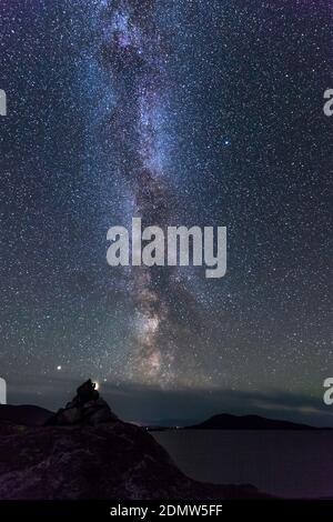 Jupiter and the Milky way galactic centre over the Isle of Harris, Scotland Stock Photo