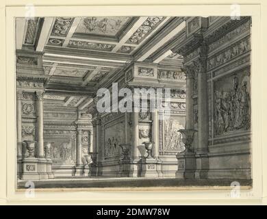 Stage Design, Room in the Palace of Titus for the Opera 'La Clemenza di Tito' by Mozart, Romolo Achille Liverani, Italian, 1809 - 1872, Alessandro Sanquirico, Italian, 1777 - 1849, Pen and black ink, brush and gray wash on white laid paper, Horizontal rectangle. Interior of vast hall decorated with pictures on walls in architectural setting., Milan, Italy, 1818–19, theater, Drawing