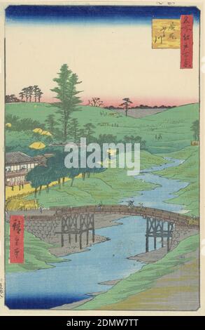 Furukawa River, Hiroo,( Furukawa Hiroo) From the Series One Hundred Famous views of Edo, Ando Hiroshige, Japanese, 1797–1858, Woodblock print in colored ink on paper, This birds-eye view of the blue Furukawa River shows the ruggedness of the windy pathway that becomes swallowed up in the green meadow landscape. Throughout the journey, eventually flowing into Edo Bay, its name changes from the Shibuya River to the Akabane River, Shinhori River, and Kanasugi River. There are four significant bridges from Ichi-no-hashi to Shi-no-hashi. Here is a view of the landscape showing travelers crossing Stock Photo