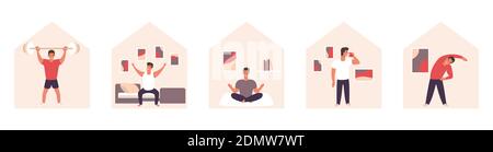 Quarantine activities. Relax yoga sport flat contept. Vector stay home lockdowd concept. Stock Vector