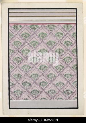 Wallpaper Design, Brush and gouache, graphite on white paper, A dado is shown at the bottom, an entablature on top. The panel is decorated with obliquely dispersed and perspectively represented lilac coffers with a dark olive plant motif. Two purple stripes are drawn across the top., Austria, 1830–50, wallpaper designs, Drawing Stock Photo