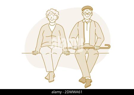 Senior elderly couple living happy active lifestyle concept. Happy mature aged couple pensioners woman and man sitting together on bench during walk l Stock Vector