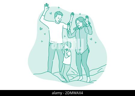 Happy family, parenthood, having fun with children concept. Young smiling parents and child family jumping on bed at weekend and enjoying time togethe Stock Vector