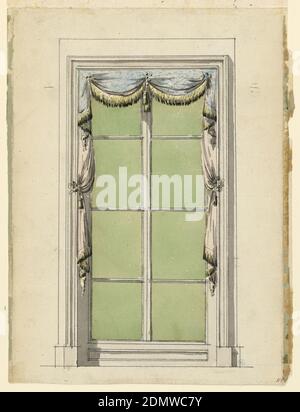 Design for a Window Hanging, Pen and black ink, brush and watercolor, graphite on off-white laid paper, Simply delineated window case and frame for tall casement windows. Window treatment consists of blue fabric dotted with pink spots, gathered in center and corners to create short festoon and pleats on either side. This valence lays over a pale pink curtain, also gathered just above the center of the window frame on either side, yielding a soft drape and pleats. Both curtains and valence are ornamented with yellow fringe having darked eneds. Tiebacks match fringe., France, 1775–1800 Stock Photo