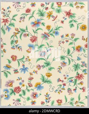 Sidewall, Block-printed on handmade paper, Curved stems from which grow a variety of flowers including cornflowers, bell flowers, roses, sweet peas, etc. Printed in lavender, red, yellow, blue and green on glossy cream ground., France, 1815–25, Wallcoverings, Sidewall Stock Photo
